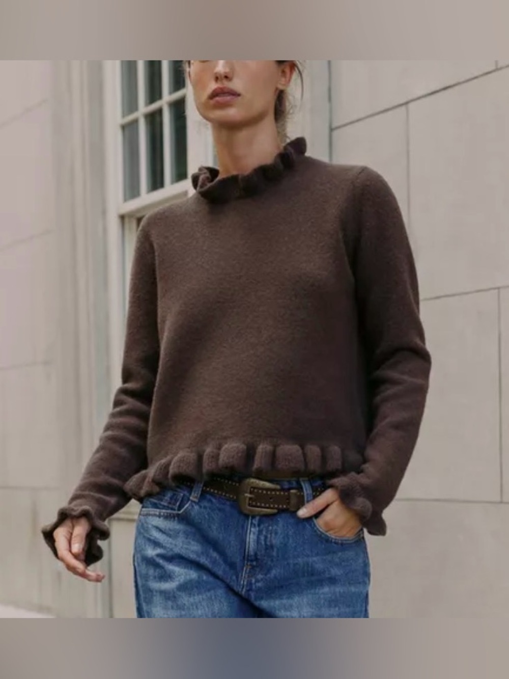 ZARA Ruffle Knit Sweater Brown XL NWT - Picture 1 of 14